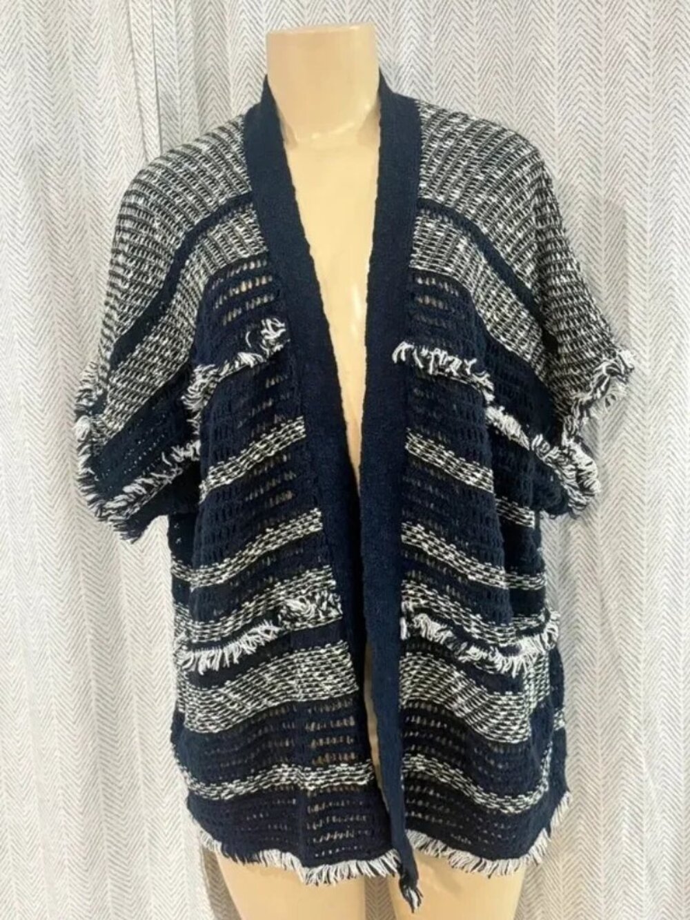 Lucky Brand Striped Fringe Short Sleeve Sweater Cardigan Poncho M/L Boho